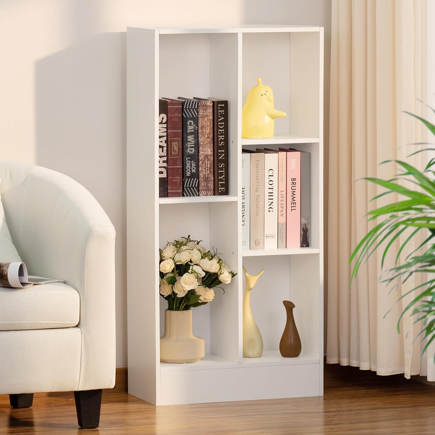 YAHARBO 5 Cube White Bookshelf,Small Modern Horizontal Bookcase,Wood Floor Standing Low Bookshelves Display Storage Cabinet with Base, Short Book Shelf Open Organizer for Bedroom,Living Room,Office