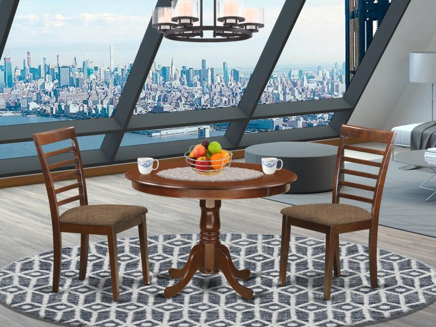 East West Furniture HLML3-MAH-C 3 Piece Dining Set Contains a Round Dining Room Table with Pedestal and 2 Linen Fabric Upholstered Kitchen Chairs, 42x42 Inch, Mahogany