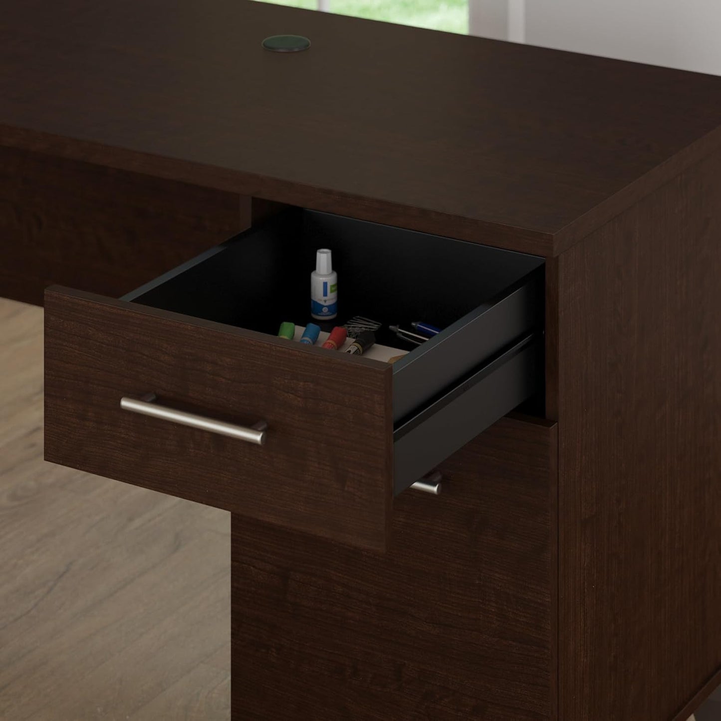 Bush Furniture Somerset 72W 3 Position Sit to Stand L Shaped Desk with Hutch in Mocha Cherry