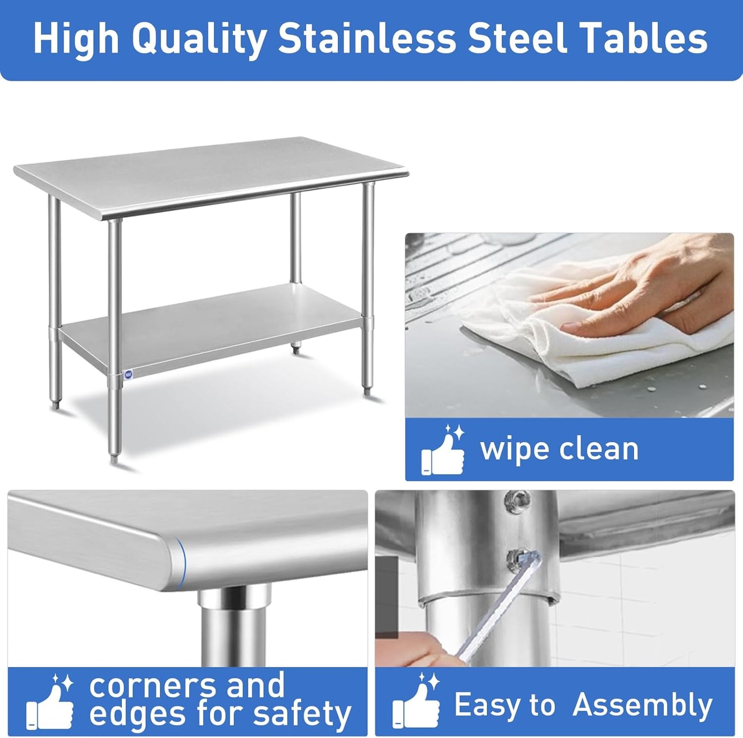 ROCKPOINT Stainless Steel Table for Prep & Work 18x24 Inches, NSF Metal Commercial Kitchen Heavy Duty Table with Adjustable Under Shelf and Table Foot for Restaurant, Home and Hotel