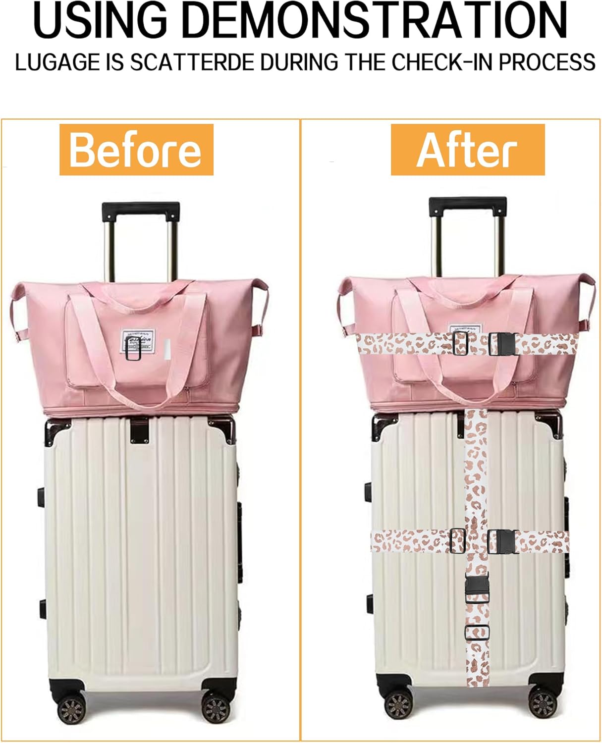 Luggage Straps for Suitcases, Adjustable Travel Belt, Durable Wide Luggage Strap, Cute Suitcase Strap Identifiers with Buckle, Bag Straps for Luggage, White Pink Leopard