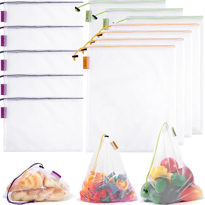 Blcculi 12 Pcs Reusable Produce Bags,Washable Mesh Produce Bags,Mesh Grocery Bag with Drawstring & Colorful Tare Weight Tags,See-Through Vegetable Bag for Grocery Storage,Fruits,Large Medium Small