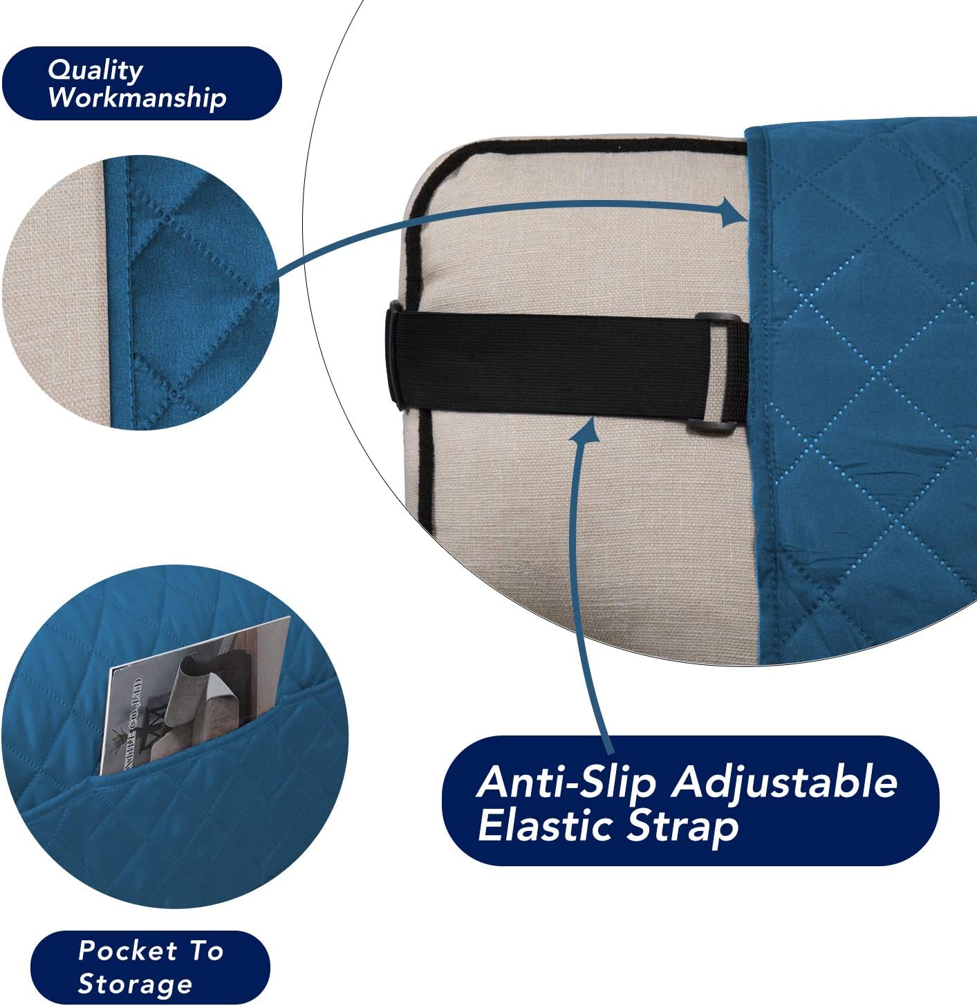 PureFit Reversible Sofa Cover Water Resistant Chair Couch Cover, Machine Washable Furniture Cover with Non-Slip Foam and Adjustable Strap for Dogs, Pets (Chair, Peacock Blue/Ivory)