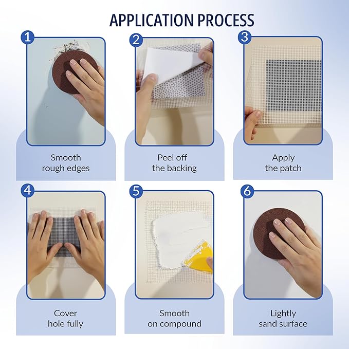Wall Patch Repair Kit – 4 Self-Adhesive Aluminum Mesh Patches (2 × 4″ + 2 × 6″) with Small & Medium Scrapers & 2 × P180 Sandpapers | Drywall Hole Patch Kit for Sheetrock, Plaster & Ceiling Repair