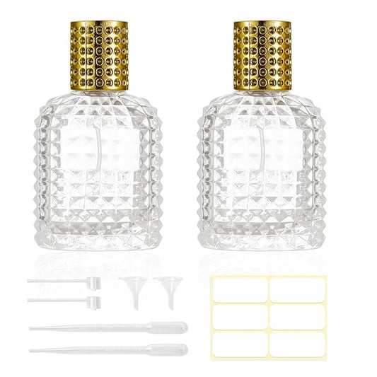 2 Pack 50ml Refillable Spray Perfume Bottles, Empty Clear Perfume Atomizer, Portable Perfume Mist Spray Bottle Travel Perfume Dispenser (50ML, Gold)