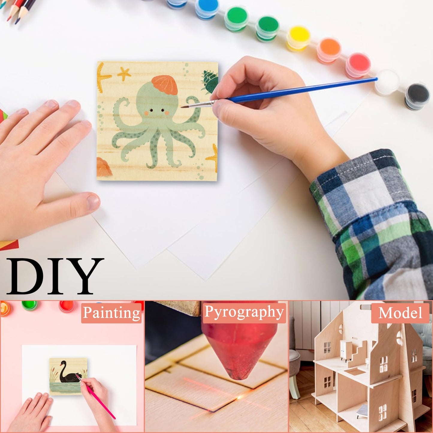 WOPPLXY 100 Pcs 2 X 2 Inch Wooden Squares for Crafts, 0.27 Inch Thick Natural Blank Square Blocks, Unfinished Wood Blocks, Blank Wood Wooden Tiles for DIY Crafts, Engraving, Wood Burning, Painting