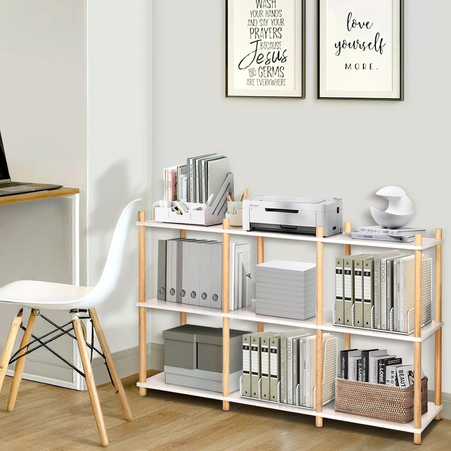 YGYQZ 3 Tier Short Book Shelf, Wood Shelves with Open Back Long Horizontal 6 Cube Storage Shelf Book Shelves for Office, Living Room, Bedroom, Rustic Shelf (White)