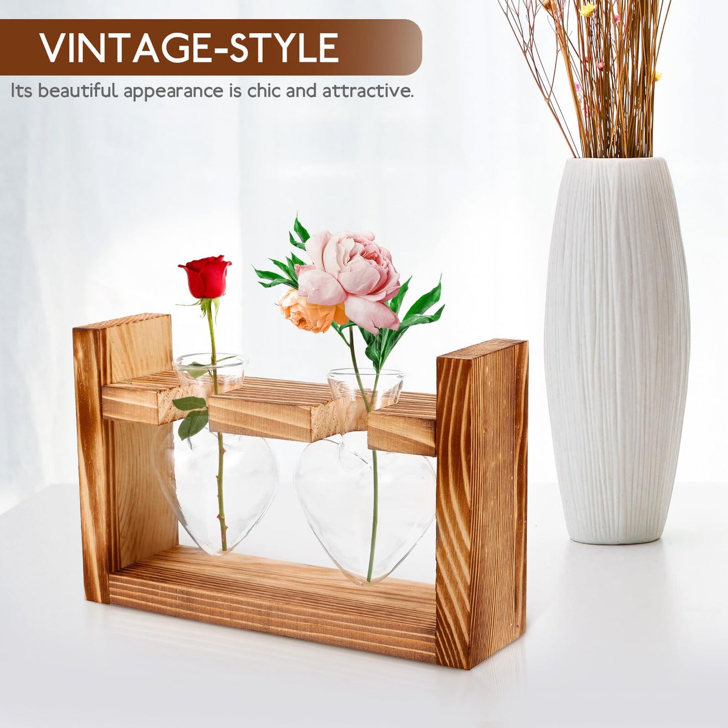 GLSTOY Glass Hydroponic Planter Vase with Wooden Stand, Heart-Shaped Glass Terrarium for Indoor Plants, Desktop Flower Pot for Home and Office Décor