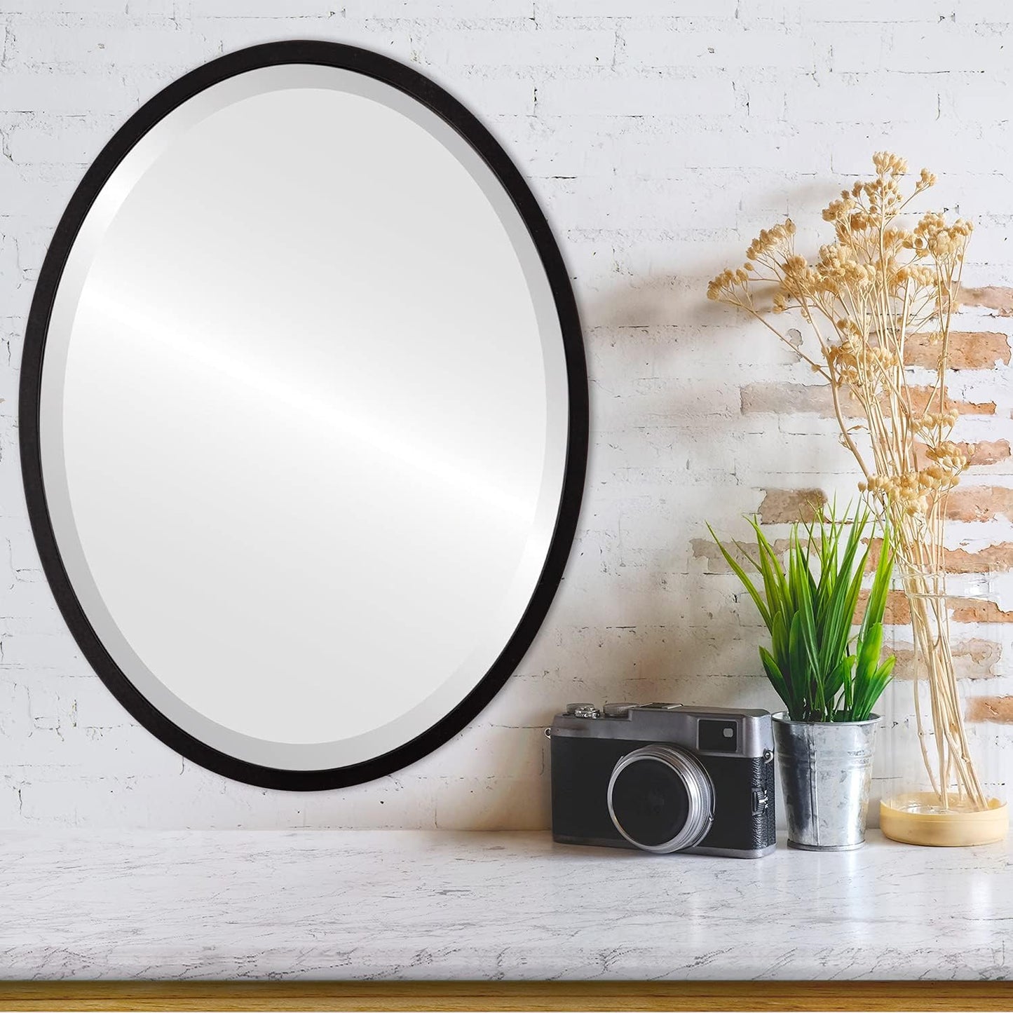 OVALCREST - Oval Wooden Beveled Wall Mirror for Home Decor, Bathroom, Vanity, Bedroom, Living Room, Hallway - London Style (Matte Black) 13.1 x 17.1