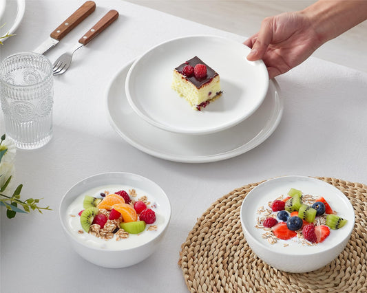 ONEMORE Plates and Bowls Set 12 Pcs,Stoneware Dinnerware Sets for 4 Microwavable,Oven & Dishwasher Safe Porcelain,Scratch Resistant Dishes Set,White