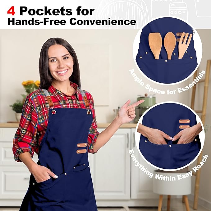 chef apron bib tool apron for man woman cross back straps with 4 pockets for kitchen cooking gardening baking working