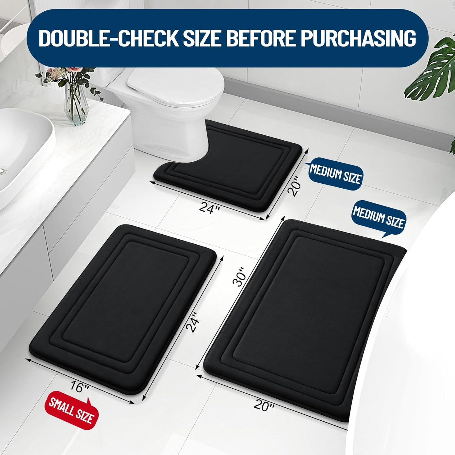 Grandaily Memory Foam Bath Mat Rug 47x17, Ultra Soft, Non-Slip and Absorbent Bathroom Rugs, Machine Wash Dry, Comfortable Bath Carpet for Bathroom Floor, Tub and Shower, Black