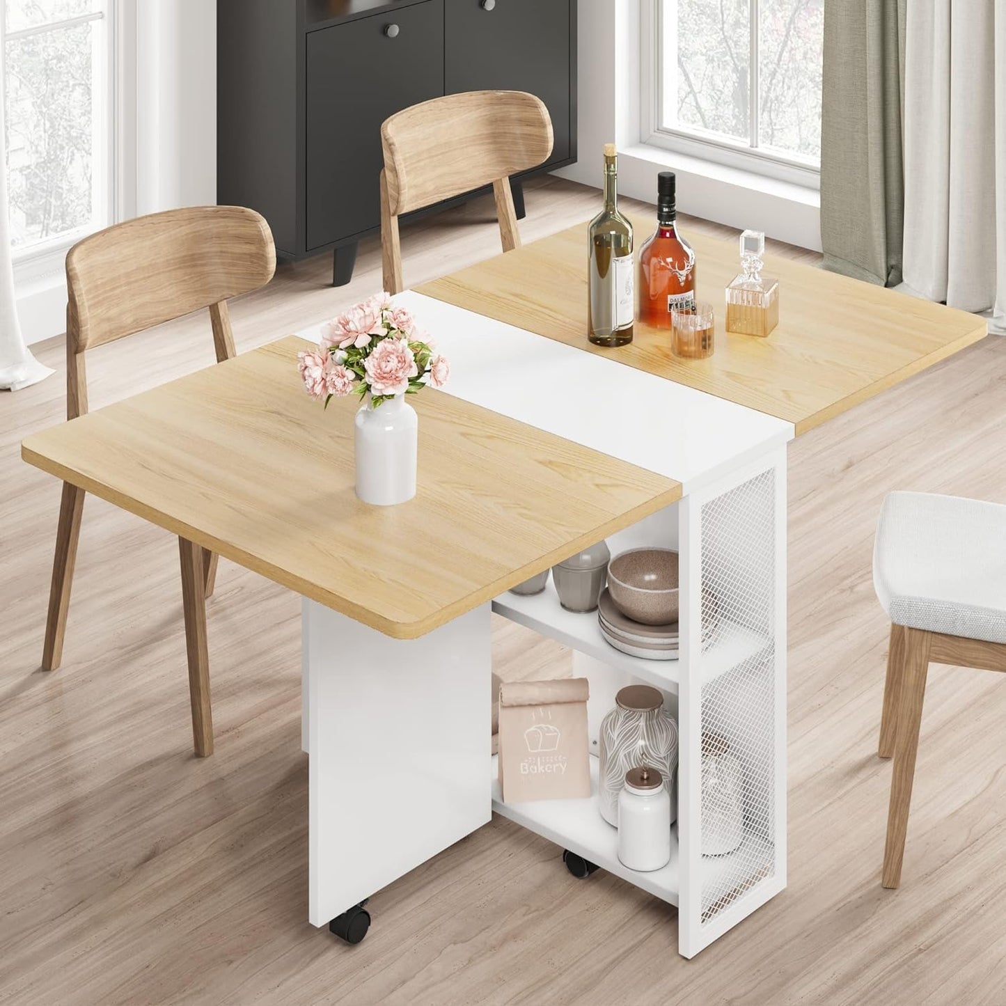 IDEALHOUSE Folding Dining Table, Drop Leaf Dining Table with 6 Wheels and 2-Layer Storage Shelf, Space Saving Dining Table for Small Spaces (Natural Wood, 50.1" D x 31.4" W x 29.5" H)