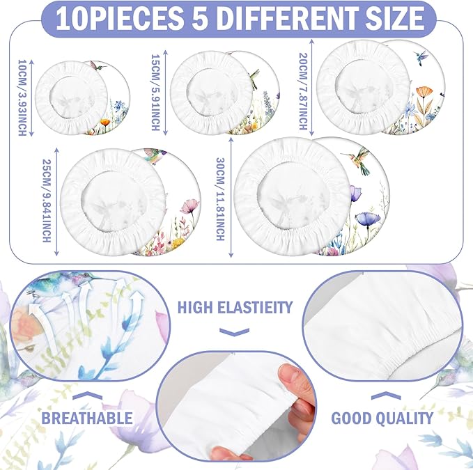 Patelai 10 Pcs Bowl Covers Reusable in 5 Size Stretch Cloth Fabric Elastic Food Storage Bowl Covers Bread Sourdough Lids for Proofing Food Fruits Leftover(Multicolor,Hummingbird Style)