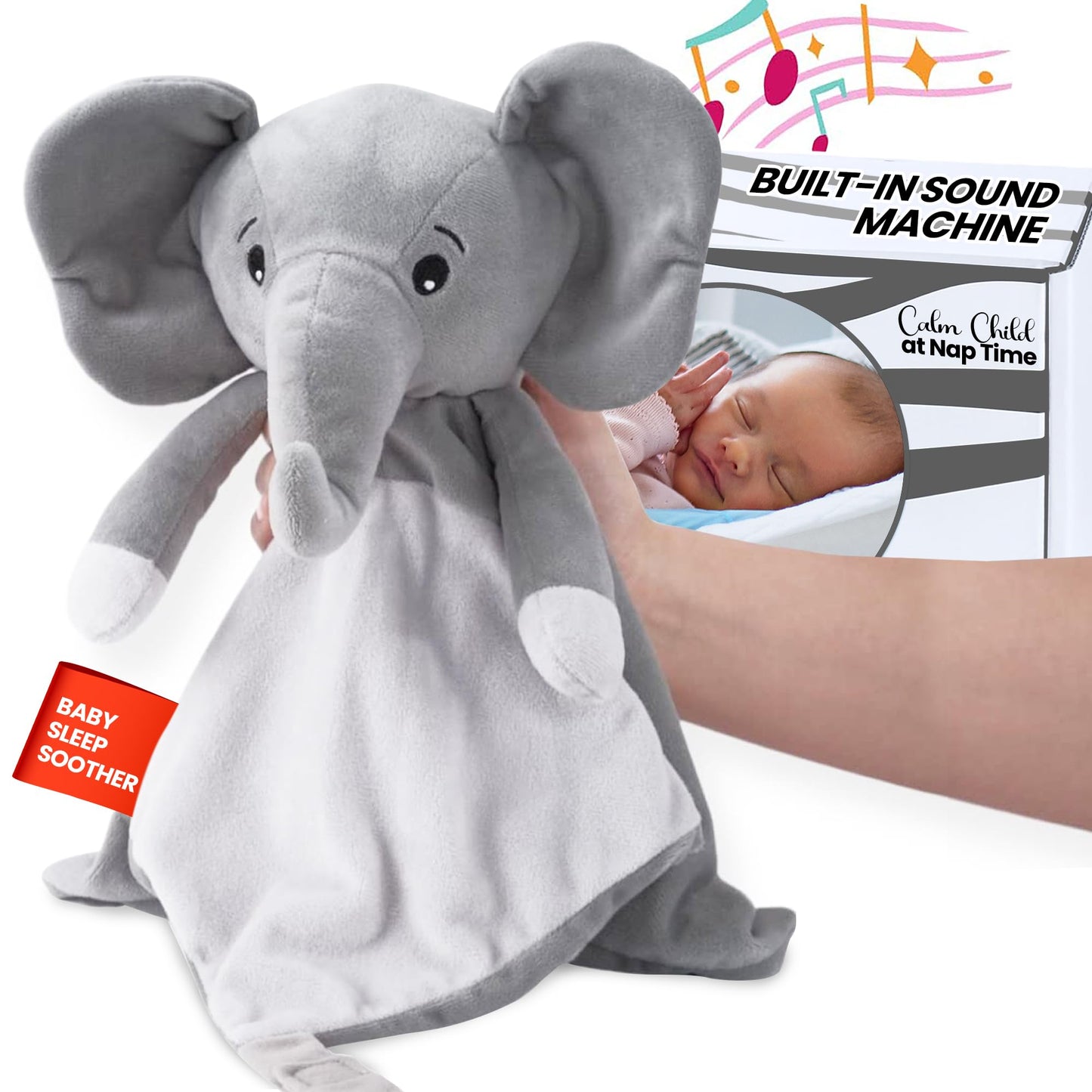 Love By Emi 4 in 1 Baby Lullaby Sleep Soother Toy - Stuffed Animal Sound Machine & Pacifier Holder | Heartbeat White Noise & Music | Plush Elephant Lovey Sleep Aid Security Blanket (0-3 Years)