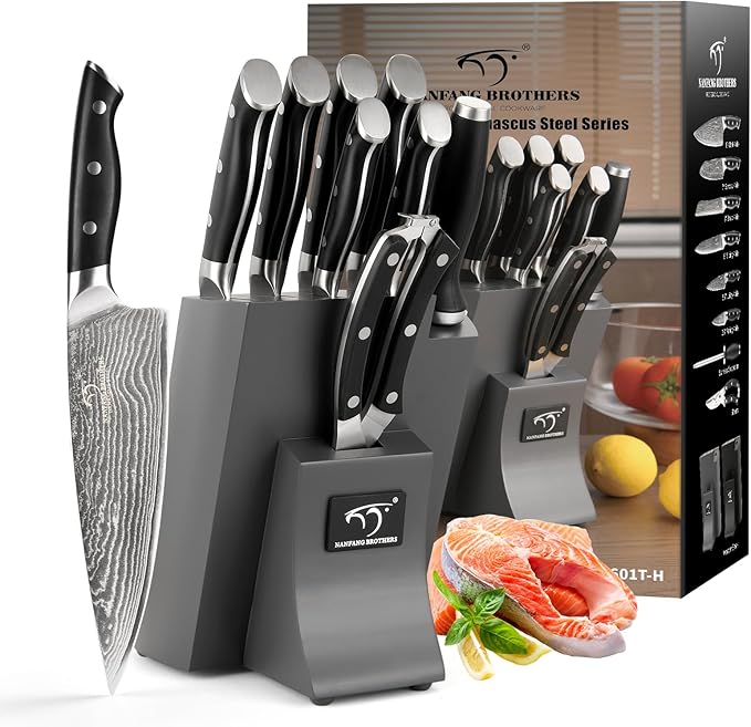 NANFANG BROTHERS Damascus Kitchen Knife Set with Block, 9 Pieces, ABS Ergonomic Handle, Knife Sharpener, Kitchen Shears