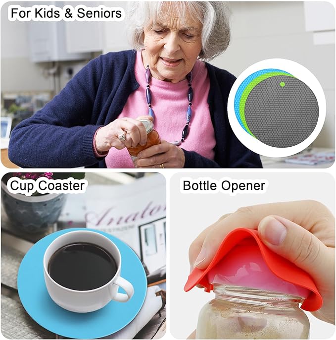 uxcell 3pcs Silicone Jar Opener Pads, 17.5cm/7" Texture Can Opener Multipurpose Round Bottle Lid Opener Non-Slip Coasters for Weak Hands Seniors Children, Green, Blue, Gray