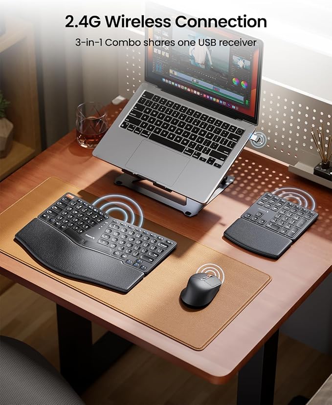 ProtoArc Ergonomic Keyboard Mouse, EKM04 2.4GHz USB Wireless Ergo Keyboard Mouse Combo with Separate Numeric Keypad, Split Design, Hard Wrist Rest, Rechargeable, for Windows Desktop/PC/Laptop