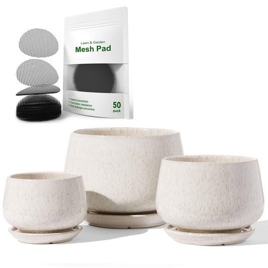 LE TAUCI Ceramic Plant Pots, 4.1+5.1+6.5 Inch Set with 50 Pack 2" Flower Pot Hole Mesh Pad Bundle, Planter with Drainage Hole and Saucer, Beige