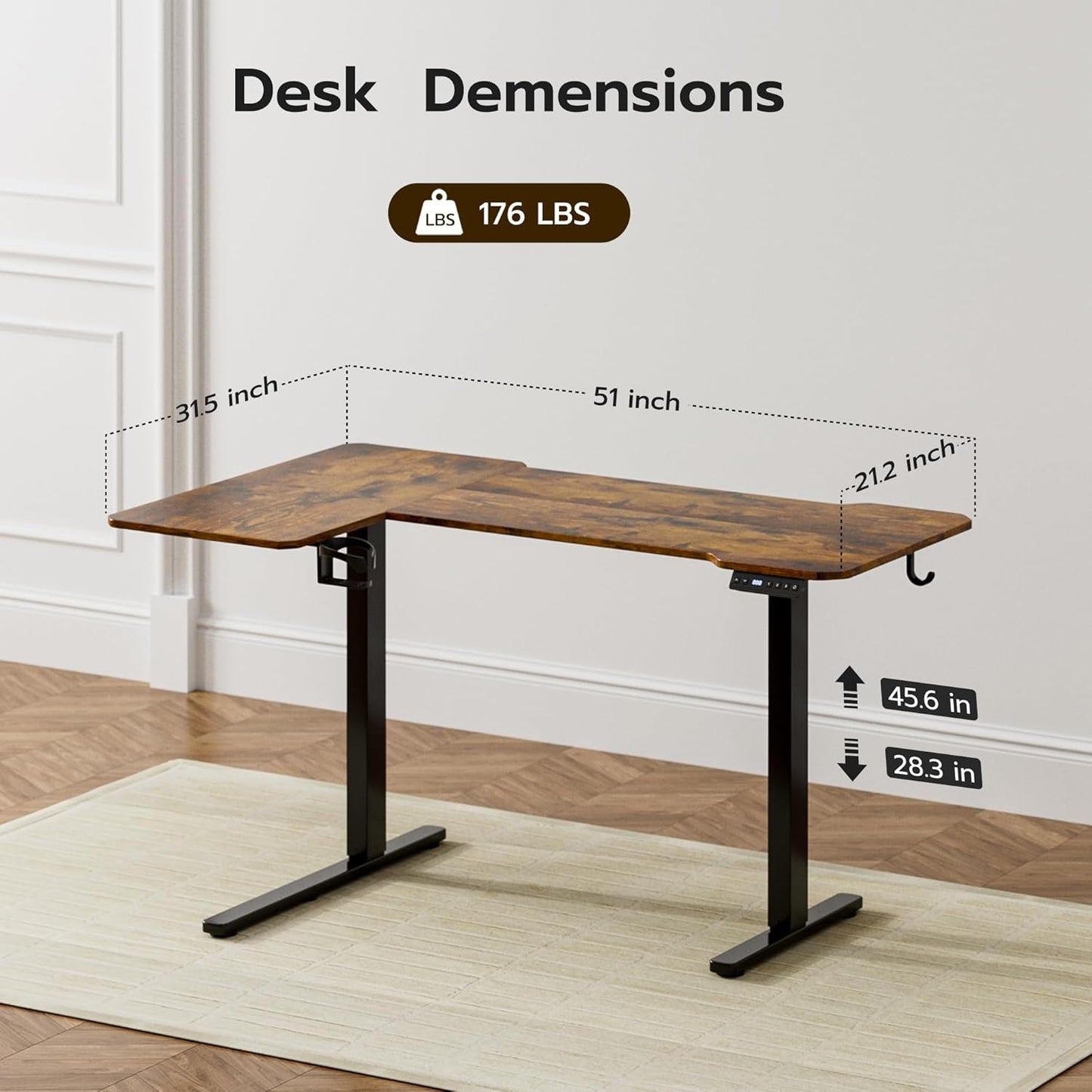 51" Reversiable L-Shaped Electric Standing Desk Adjustable Height Gaming Stand Up Corner Desk Sit Stand Home Office Computer Desk with Splice Board,Black Carbon Top