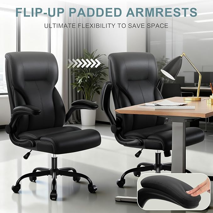 Executive Office Chair,High Back Ergonomic Comfy Desk Chair with Padded Flip-up Armrests and Wheels,PU Leather Heavy Duty Computer Swivel Rolling Task Chair for Home Office,Adults,White