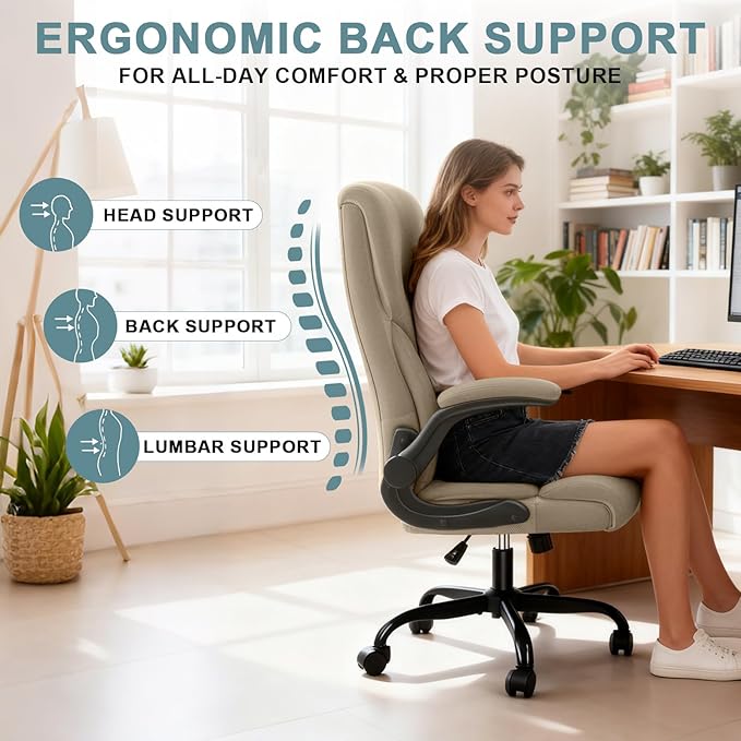 Executive Office Chair, High Back Ergonomic Comfy Desk Chair with Padded Flip-up Armrests and Wheels, PU Leather Heavy Duty Computer Swivel Rolling Task Chair for Home Office, Adults, Khaki
