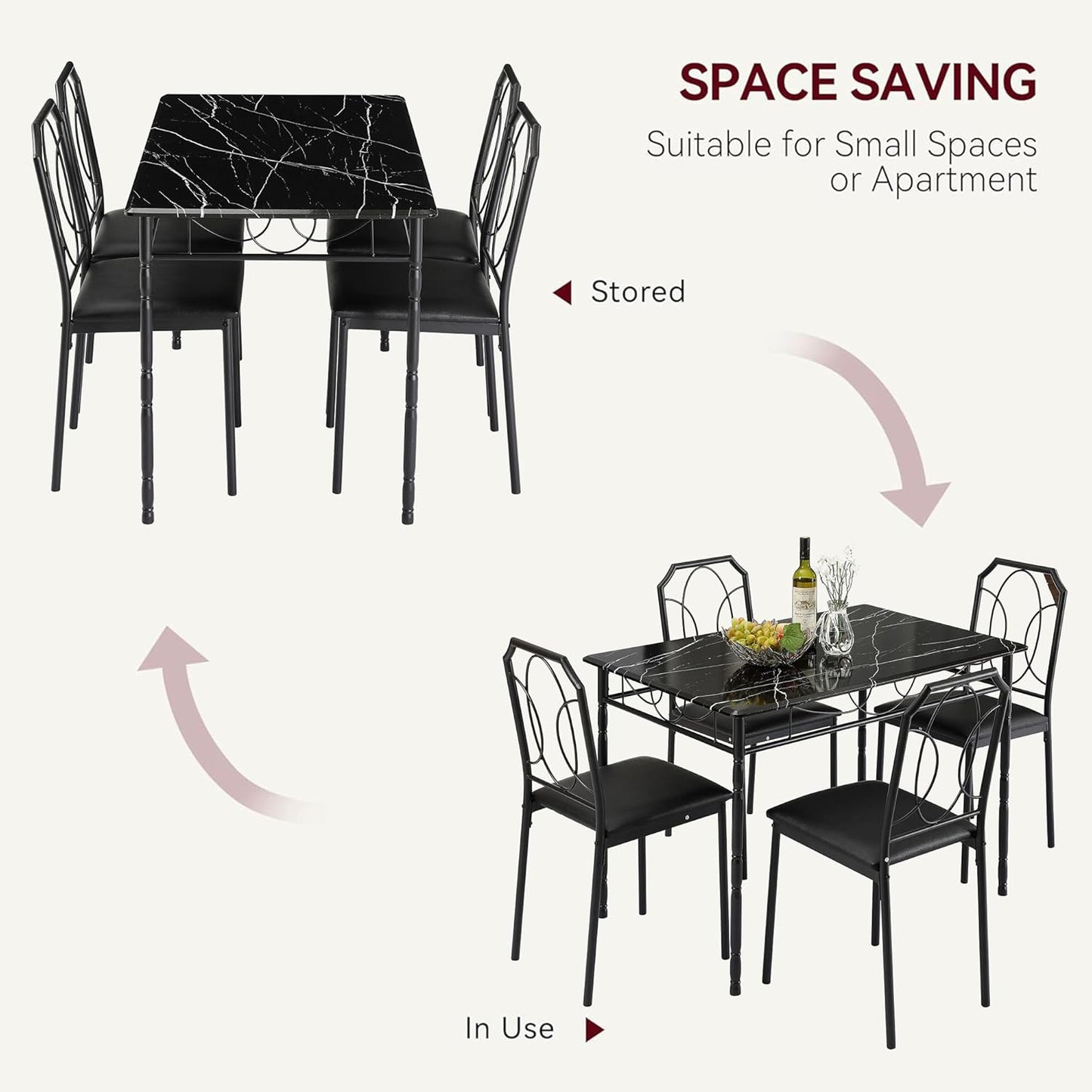 VECELO 5 Piece Dining Table Set for 4, Dinette with Chairs for Kitchen, Breakfast Nook, Small Space,Easy Assembly