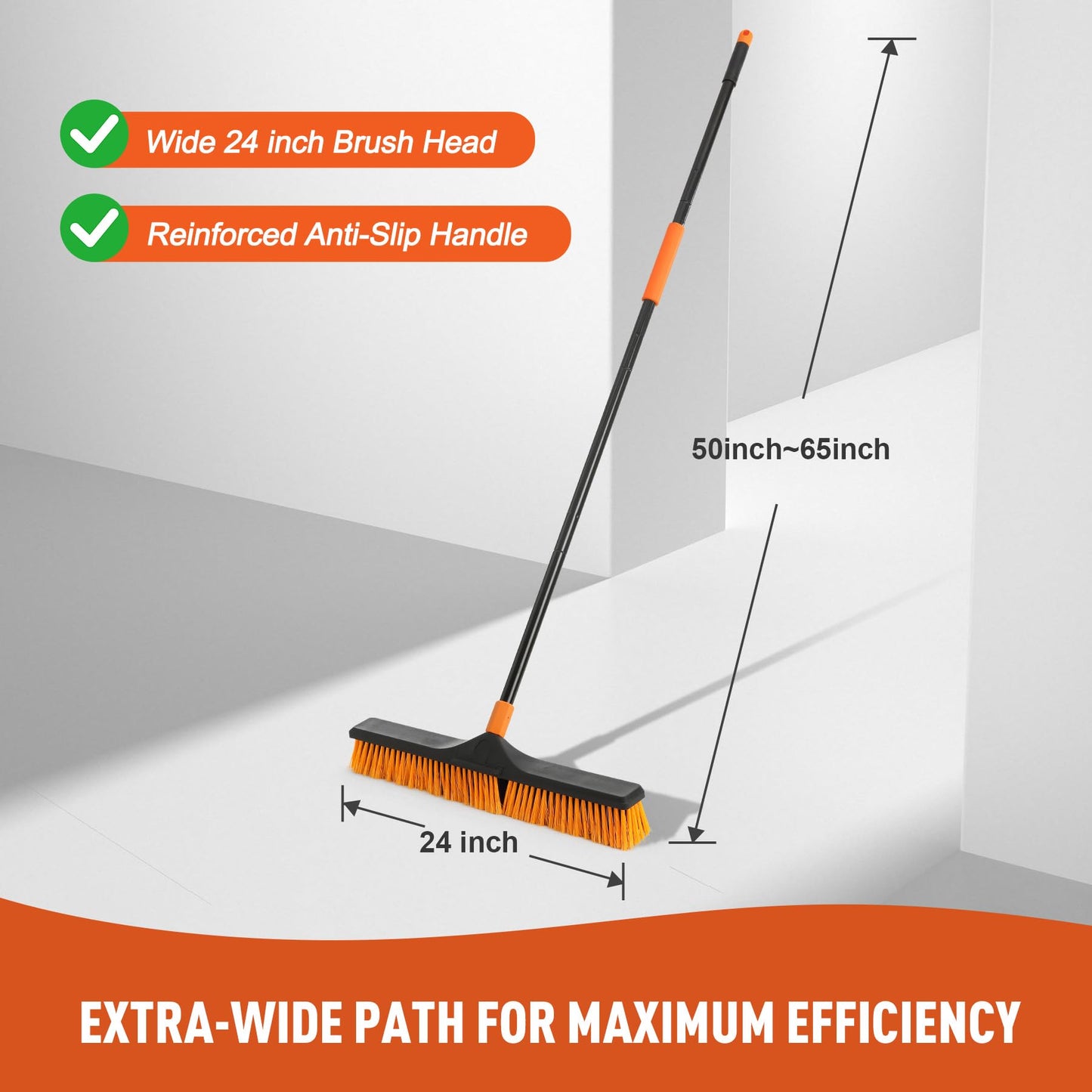 CLEANHOME 24”Push Broom Brush for Floor Cleaning with 65” Long Handle and Stiff Bristles, Heavy Duty Brush for Shop, Deck, Garage, Concrete,Indoor and Outdoor Broom,Orange