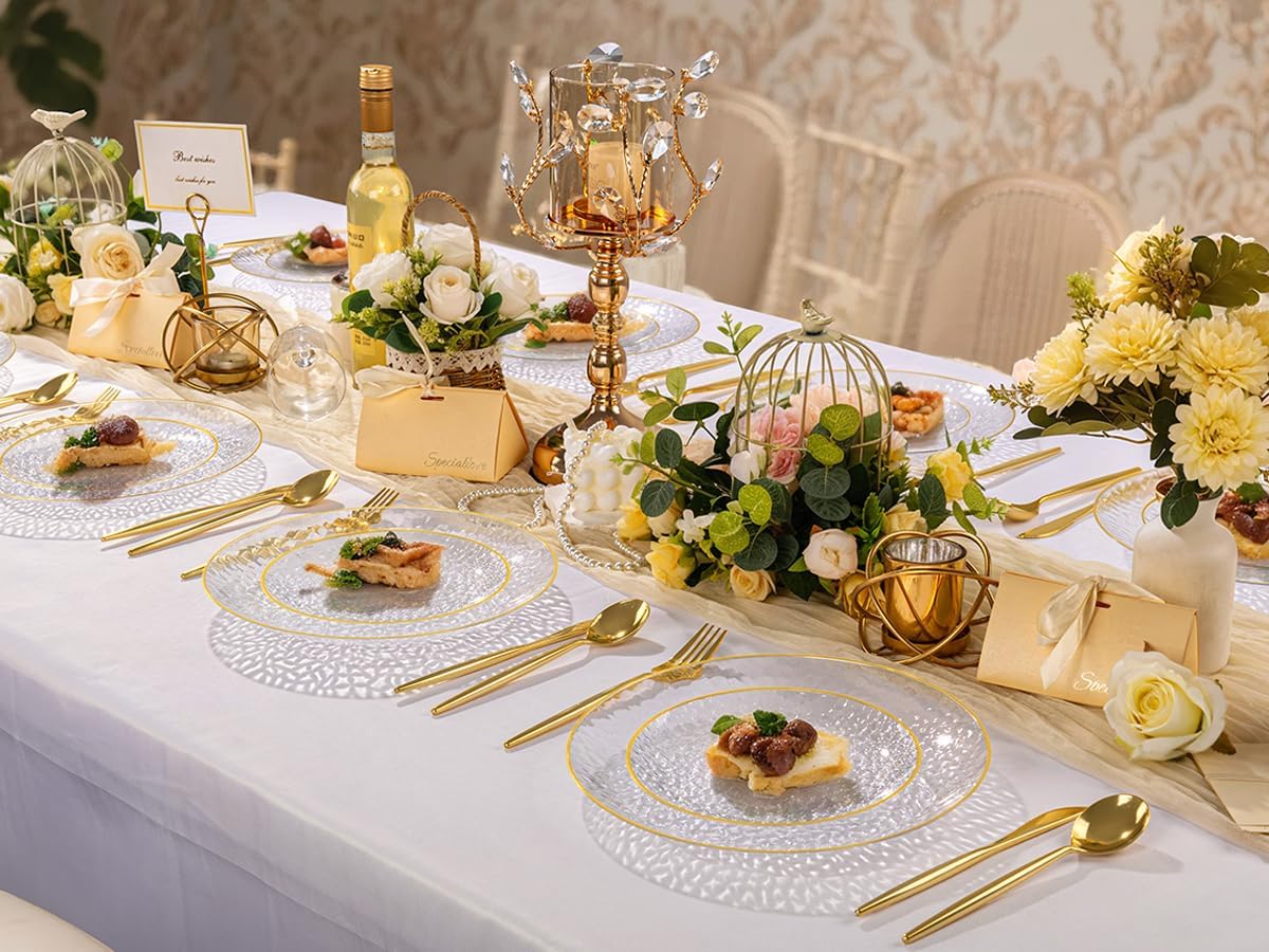 Rubtlamp 60Pcs Clear Plastic Plates,Clear Disposable Plates With Gold Rim,Heavy-duty Gold Plates,Hammered Party Plates Include 30Clear Dessert-Platos,30Dinner-Platos for Wedding, Party&Thanksgiving