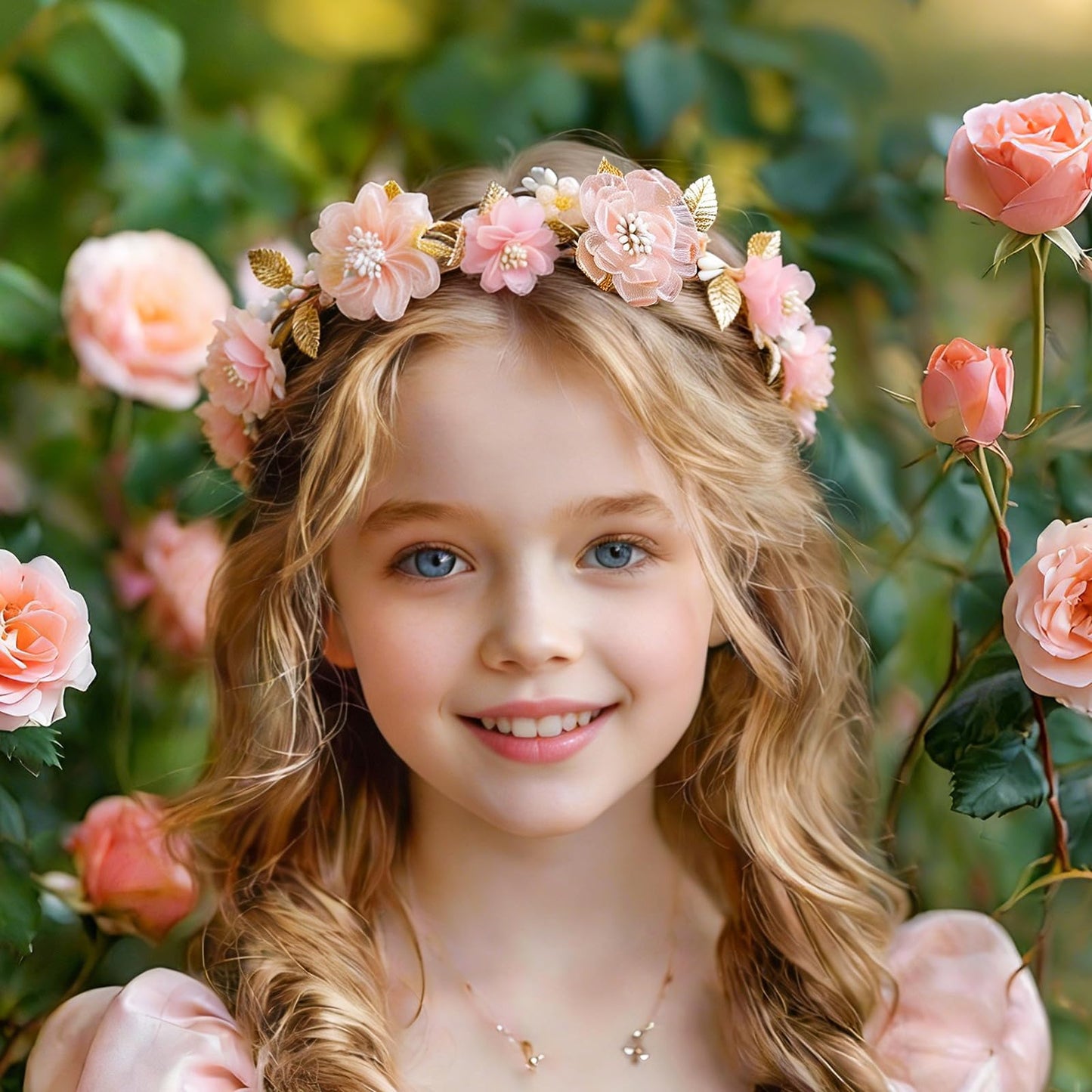 ZWLIYCHN Hot Pink Flower Crown Headband Adjustable Fairy Flower Crown with Golden Leaf Bohemia Floral Halo Headpiece Flower Garland Headband for Boho Wedding Flower Girl Maternity Photo Props