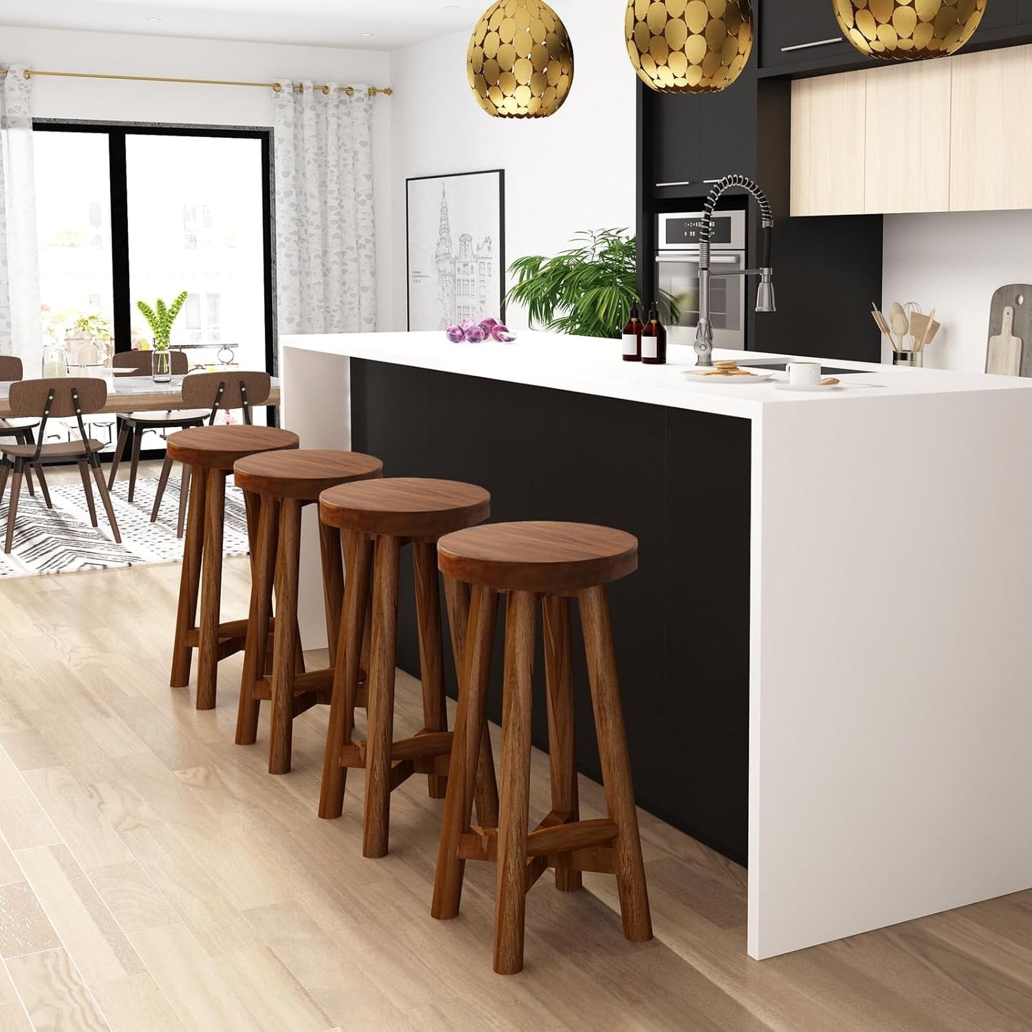 Solid Teak Wood Barstool with Round Seat for Kitchen Counter, Home Bar Furniture, 24-Inch Height
