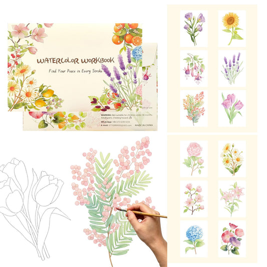 Watercolor Coloring Book for Adults, Watercolor Workbook for Beginners, 12 Flower Designs, A5 230gsm 100% Cotton Cold Press Watercolor Paper, Gift for Relaxation & Stress Relief