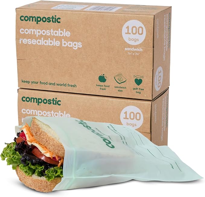 Compostic Home Compostable Resealable Sandwich Bags (7"x7"), Microwave & Freezer Safe, Organic Food Storage Container, 200 Count