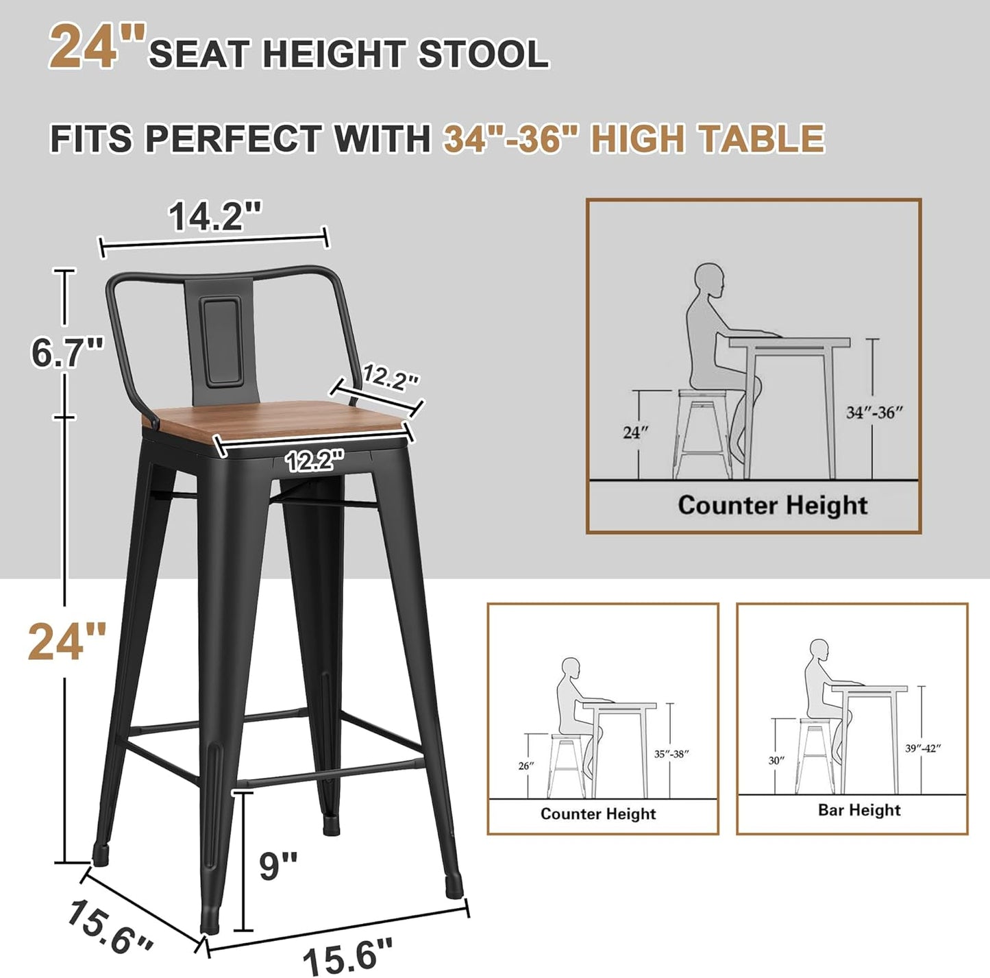 24 Inch Swivel Bar Stools Set of 4 with Backs Counter Height Industrial Metal Barstools Island Bar Chairs for Home Kitchen Dining Room (Swivel 24 inch,Matte Black Wooden)