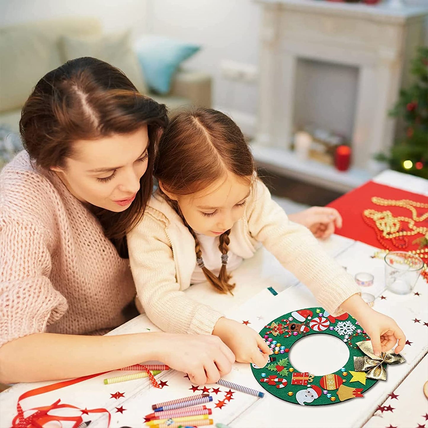 Tatuo 24 Pcs Felt Christmas Tree Wreath Decorating Craft Christmas DIY Ornaments Making Kit with 221 Self Adhesive Felt Stickers 12 Bows and 5 Gem Stickers (Donut Style)