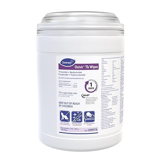 Oxivir Diversey Tb 4599516 Ready-to-Use Disinfectant Cleaning Wipes, Accelerated Hydrogen Peroxide, Unscented, Standard 6x7-Inch Sheets, 160-Wipes, 1-Canister (Pack of 12)