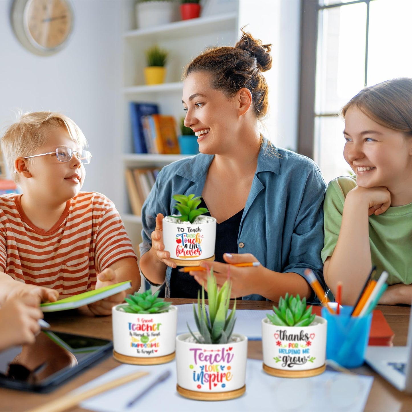 Domensi 9 Pcs Teacher Appreciation Gifts Bulk Ceramic Succulent Plant Pot with Bamboo Tray Ceramic Planter Accessories for Funny Cute Teacher Birthday Retirement Gifts