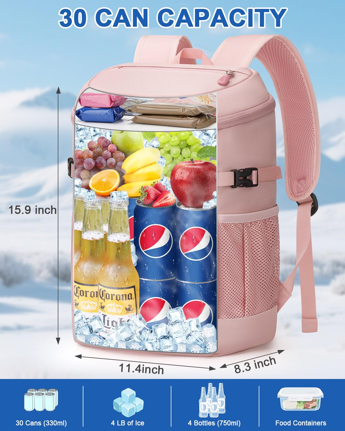 Pritent Cooler Backpack for Men Women Insulated Waterproof Backpack Cooler Leak Proof Cooler Bag Lightweight Lunch Backpack for Camping Beach Travel Picnic(Pink,30 Cans)