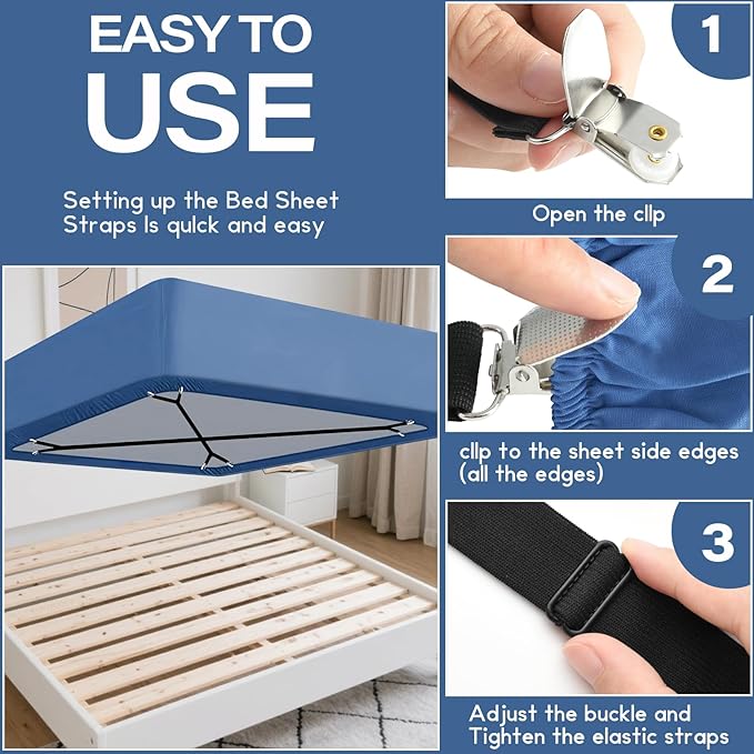 CHRORINE Bed Sheet Holder Straps Adjustable Sheet Fasteners Clips Keep Bedding Stays in Place, 2 Pcs/Set, Black