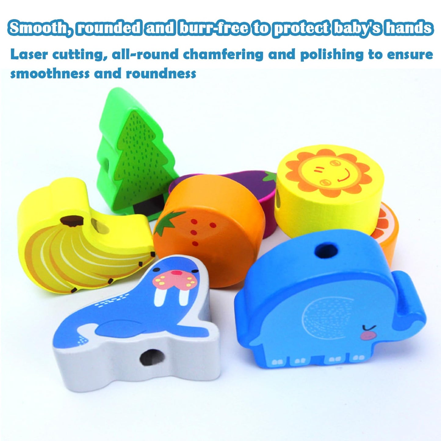 exinddea 46 PCS Wooden Lacing Beads,Animals Fruits Threading Toys for Toddlers,Preschool Learning Lacing Toys,Montessori Educational Stringing Threading Beads Toys for Kids 3 4 5 6 Year Old Boys Girls