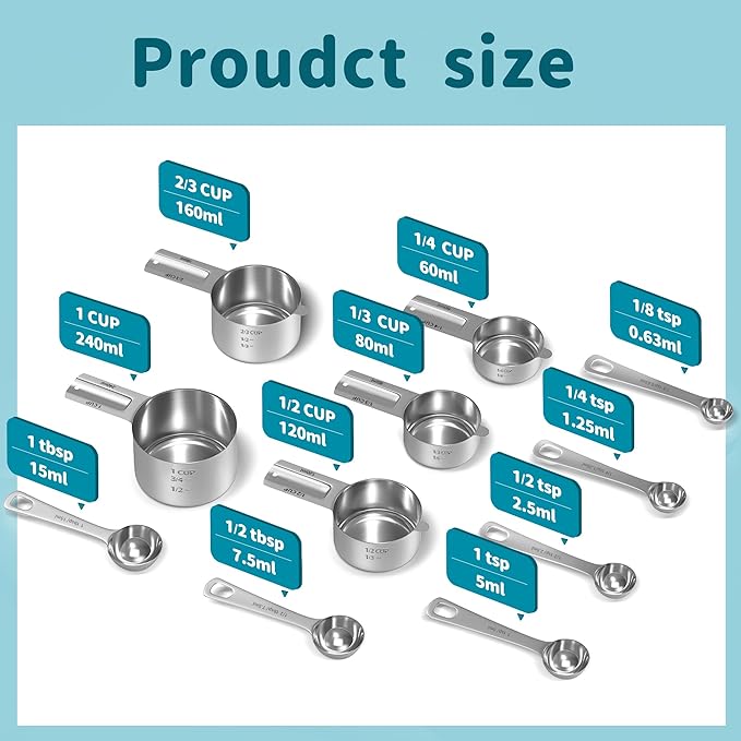 Measuring Cups and Spoons Set, Stainless Steel Measuring Cups Measuring Spoons with Easy to Read Markings, Ideal Kitchen Gadgets for Cooking & Baking, 11 Pack