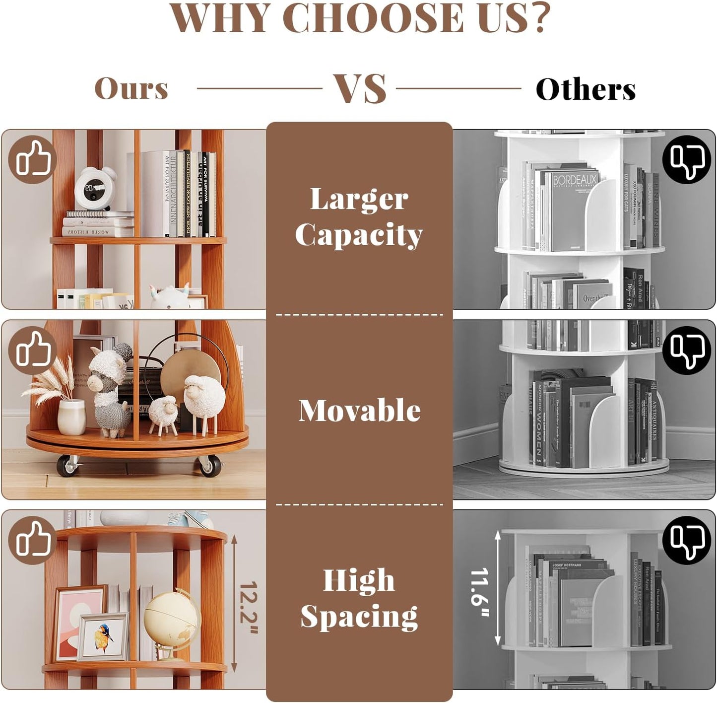 4 Tier Rotating Bookshelf with Brake Wheels, 360° Spinning Bookcase, Vertical Floor Standing Revolving Bookshelf Organizer for Small Spaces, Corner, Living Room, Bedroom, Rustic Brown