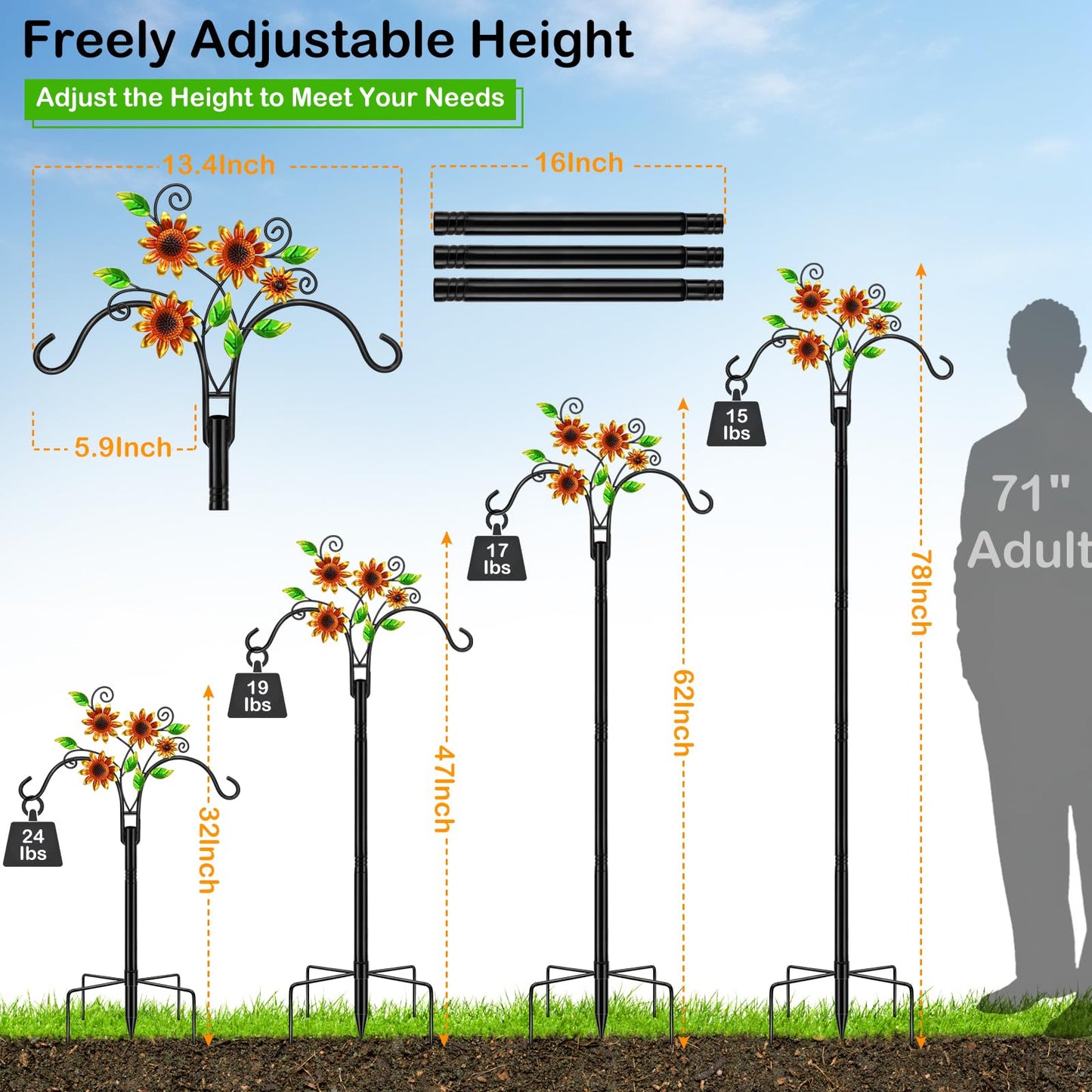 Double Shepherds Hooks for Outdoor, 1 Pack 78 Inch Bird Feeder Pole with 5 Prongs Base, Adjustable Heavy Duty Plant Hangers Sunflower Art for Outdoor Plants Hummingbird Feeder Hanging Basket Lantern