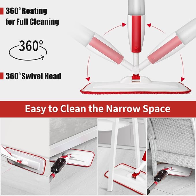 Spray Mops for Floor Cleaning Floor Mop with a Refillable Spray Bottle and 3 Washable Microfiber Pads Home or Commercial Use Dry Wet Flat Mop for Hardwood Laminate Wood (RED)