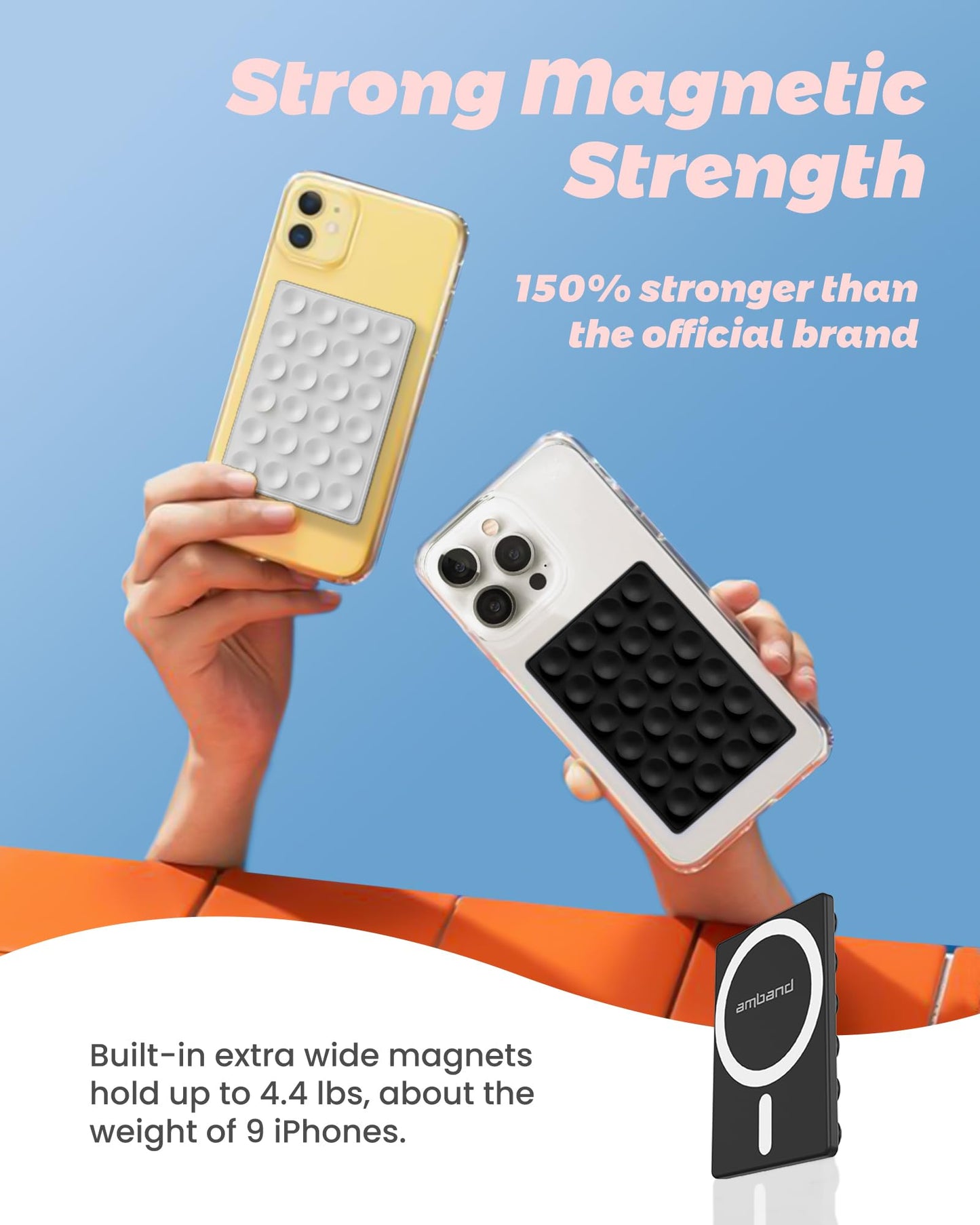 amBand Magnetic Sticky Phone Suction Grip for MagSafe - Silicone, 2 x 3 x 0.3 in, Black, Model MagS, Compatible with iPhone 12-17 Series