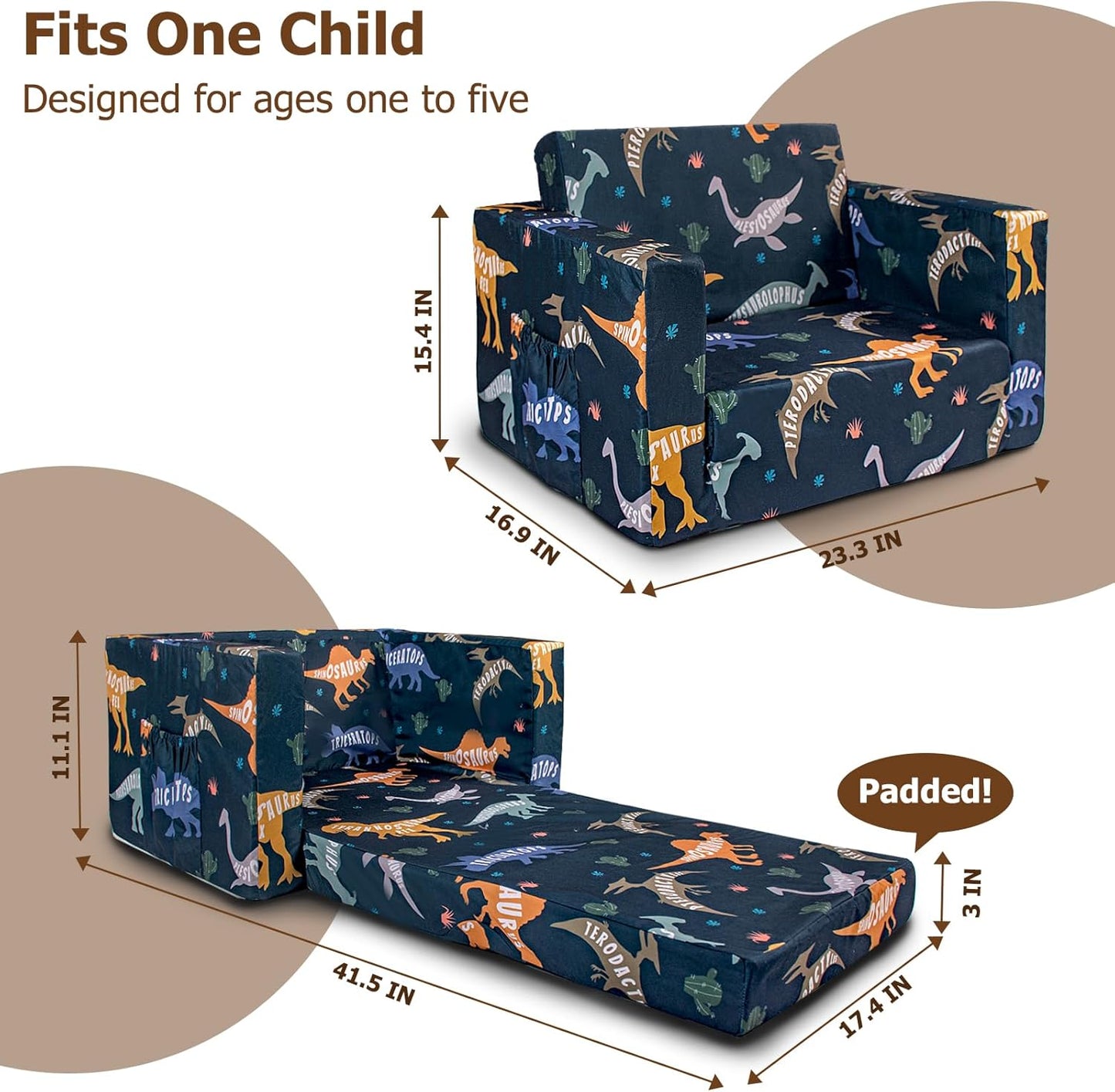 Kids Couch, 2-in-1 Kids Fold Out Couch, Convertible Kid Sofa to Lounger for Girls and Boys, Soft Toddler Chairs Comfy 1-3 Years Old (Dinosaur)