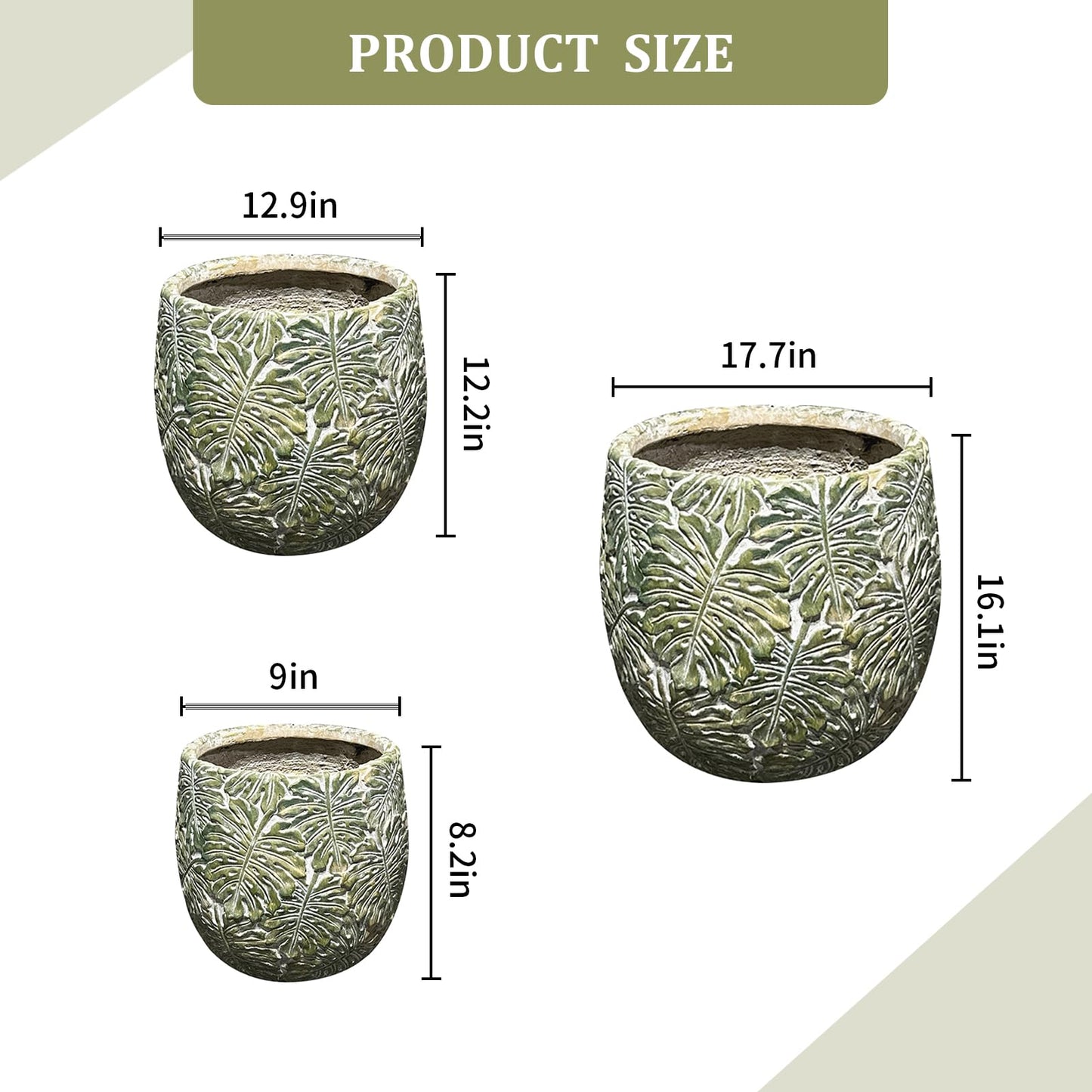 ShangDemonMaster Craft flowerpots 18"+13"+9" Dia Round Concrete Planter Set of 3 Large Outdoor/Indoor Planter Pots Containers with Drainage Holes and Rubber Plug for Home Garden (Green, Large)