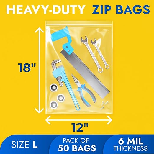 12" x 18" Large Zip Seal Lock Bags, 6 Mil (Pack of 50) – Heavy-Duty Reclosable Plastic Bags – Clear, Resealable, Waterproof – For Storing and Organizing Clothes, Jewelry, and Travel Items
