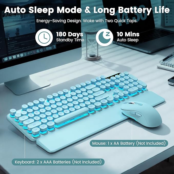 Wireless Keyboard and Mouse Combo, Backlit Round Keycaps, Retro Typewriter Keyboard with Detachable Wrist Rest, Rechargeable & Tilt Legs, 2.4GHz Cordless Connection for Windows/PC (Glowing Turquoise)