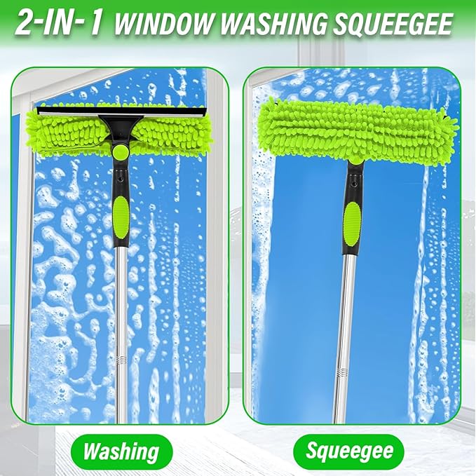 2.1m/84in Window Cleaning Squeegee Tools, 3-in-1 Window Washing Kit with 5 Extension Pole, 2 Microfiber Cloth Brush & Squeegee, Telescopic Window Cleaner Tool for High Window, Car Glass